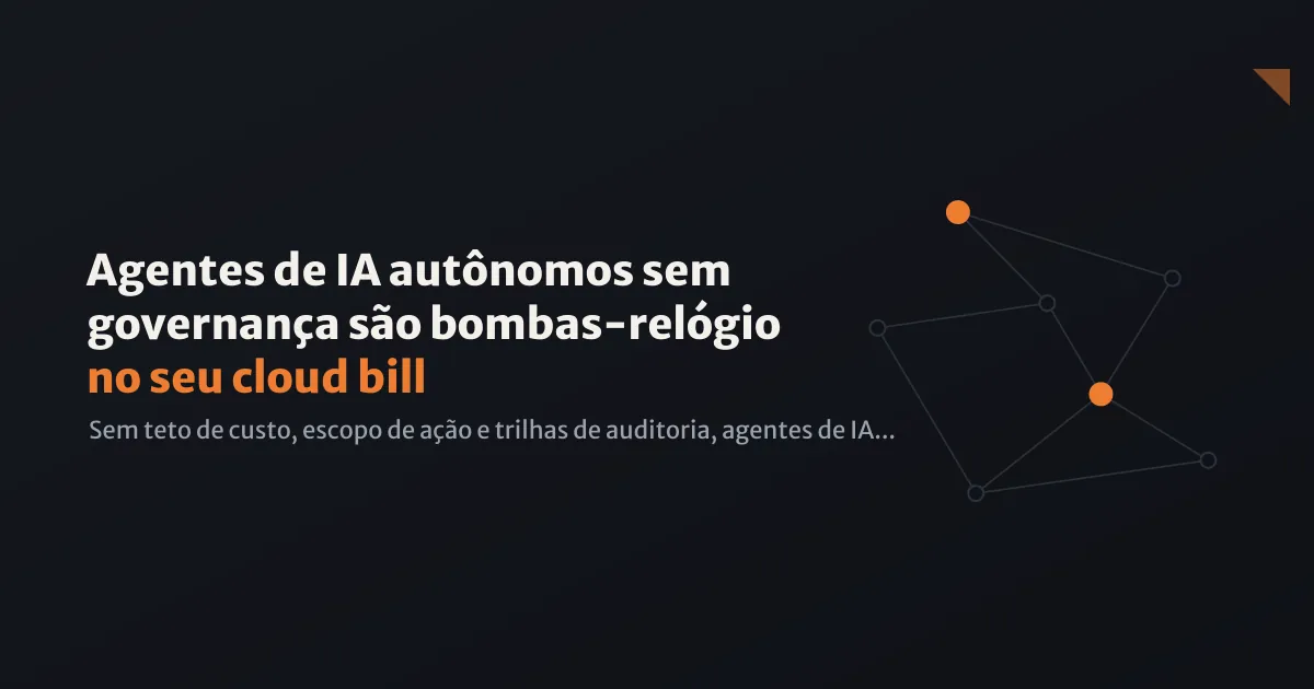 Ilustração abstrata de engrenagens e correntes representando controle e governança de agentes de IA, com elementos de blockchain e nuvem ao fundo